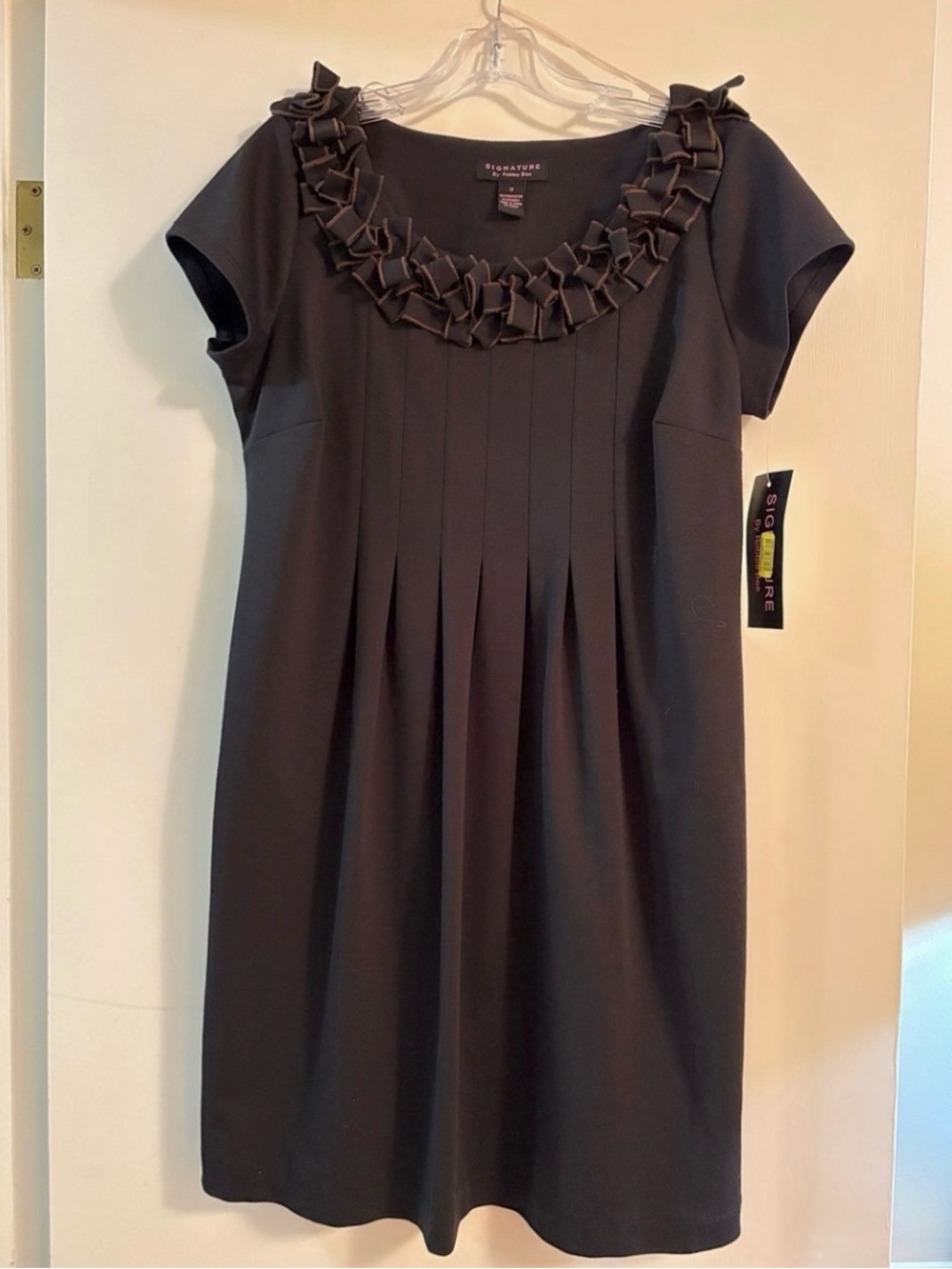 Signature Black Midi Dress with Ruffle-Trim Neckline